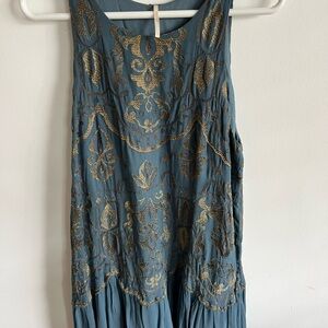 Free People Blue Dress with Gold Embroidery